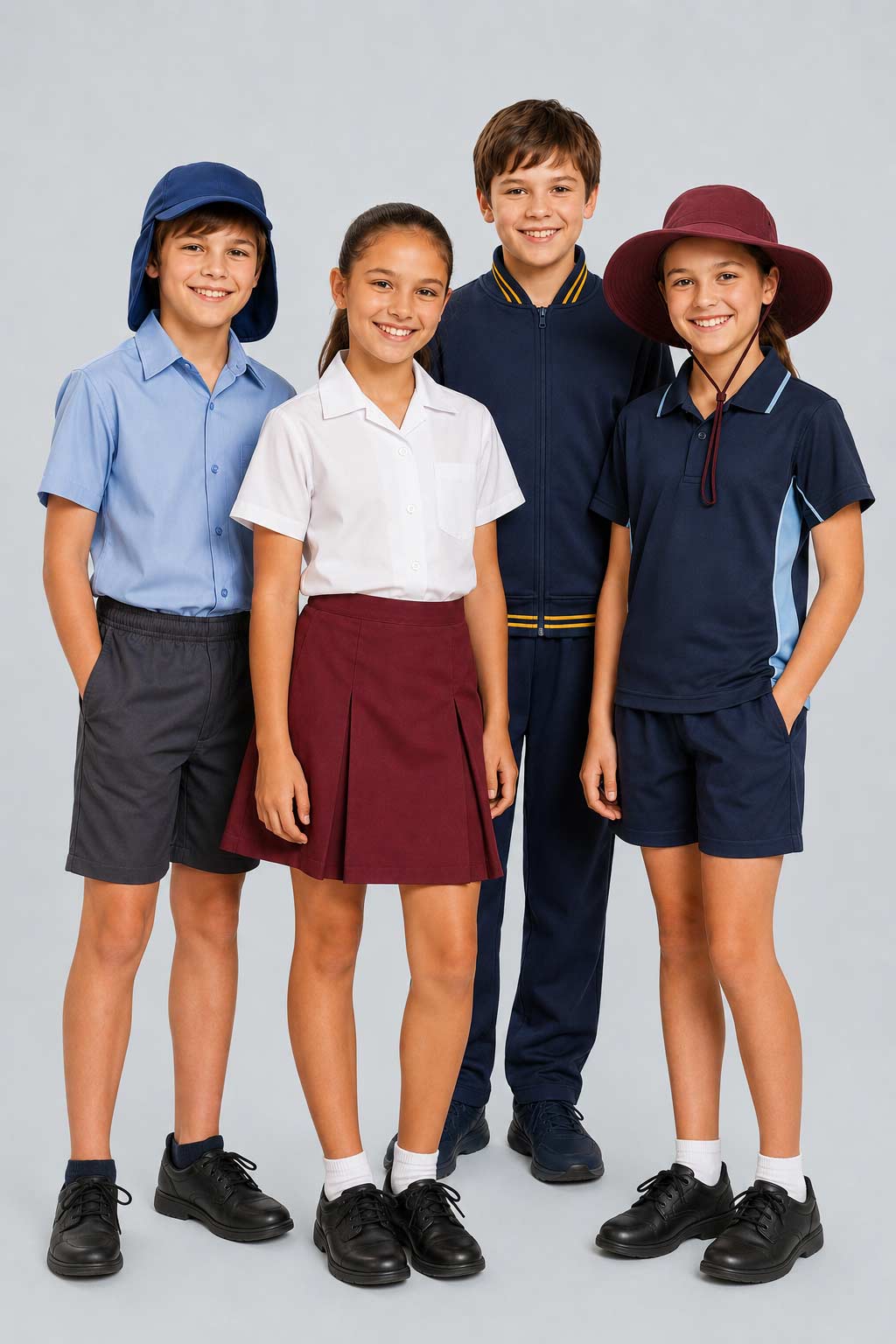 School uniforms and club apparel including school shirts, polos, hats, shorts and tracksuits